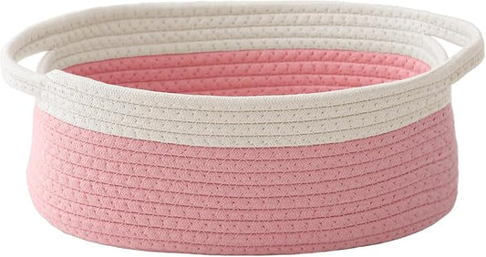 JMvicyroam Woven Basket,Small Rope Storage Bin with Handles & Ribbon Bag, Organizer for Shelves Closets,Gift Basket Empty for Birthday,Books,Dog Toys, White&Pink