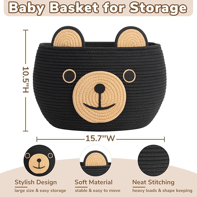 CherryNow Woven Rope Basket, Bear Baskets for Gifts Empty, Large Storage Basket for Living Room Nursery, Decorative Animal Baskets with Handles, Black, 15.7"D x 10.5"H
