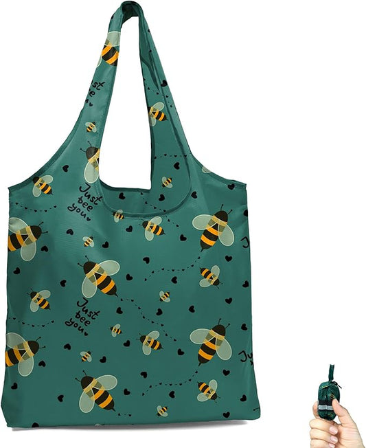 BeeGreen Bee Reusable-Grocery-Bags-Foldable-Machine-Washable Green Shopping-Bags Extra Large Reusable Bags Totes 66 Lbs Ultra-Lightweight Polyester Fabric