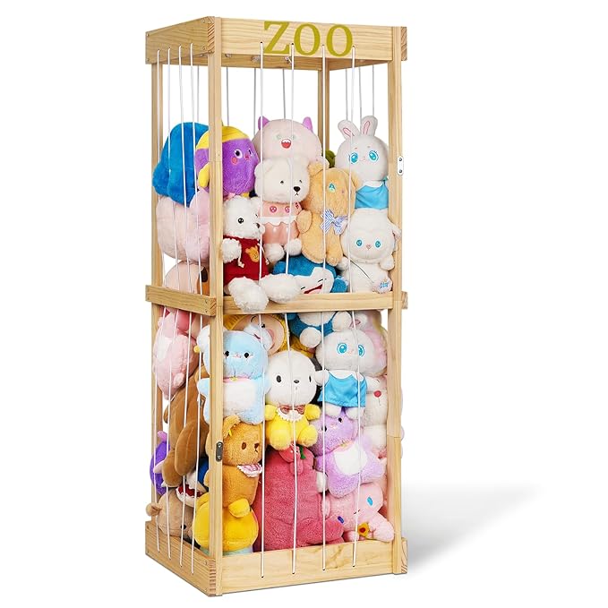 Trycooling Stuffed Animal Zoo Stuffed Animal Storage Wood Plushie Storage Stuffed Animals Zoo Storage Cage with Zoo Pattern Elastic Band for Nursery Play Room Bedroom (Wood) | Stuffed Animal Zoo, Plushie Storage, Zoo Pattern, Elastic Band