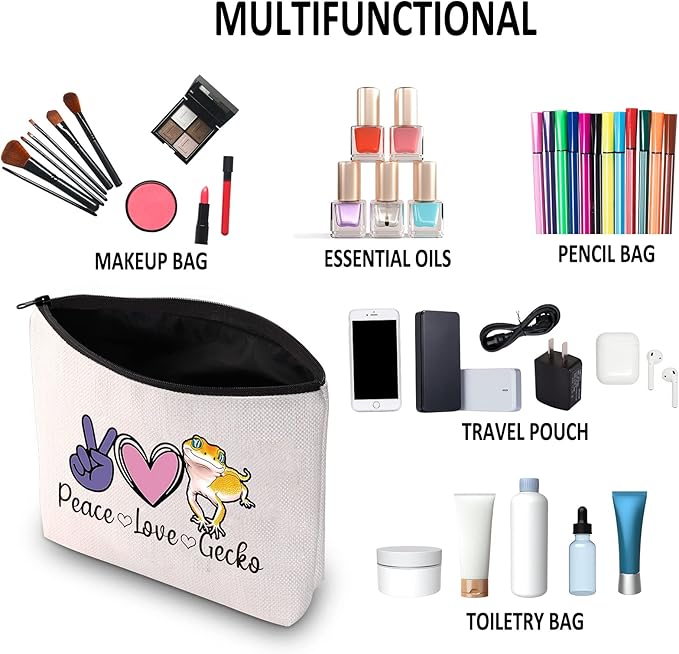 G2TUP Leopard Gecko Lover Gift Peace Love Gecko Makeup Bag Pet Lizard Lover Cosmetic Bag Reptile Gecko Owner Gift Travel Bag with Zipper (Peace Love Gecko White Bag)
