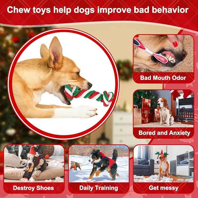 SZEE Dog Rope Toy, 14 in 3 Knots Christmas Dog Chew Toys for Medium and Small Dogs, Natural Cotton Pull Toy for Tug of War and Teeth Cleaning (Red & Green)