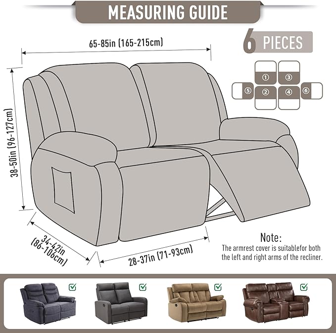 TAOCOCO Recliner Loveseat Slipcover, 6 Pieces Dual Recliner Sofa Covers for 2 Seat Dual Reclining Loveseat Couch, Stretch Soft Jacquard Pattern Furniture Protector with Elasticity (2XL, Pale Brown)