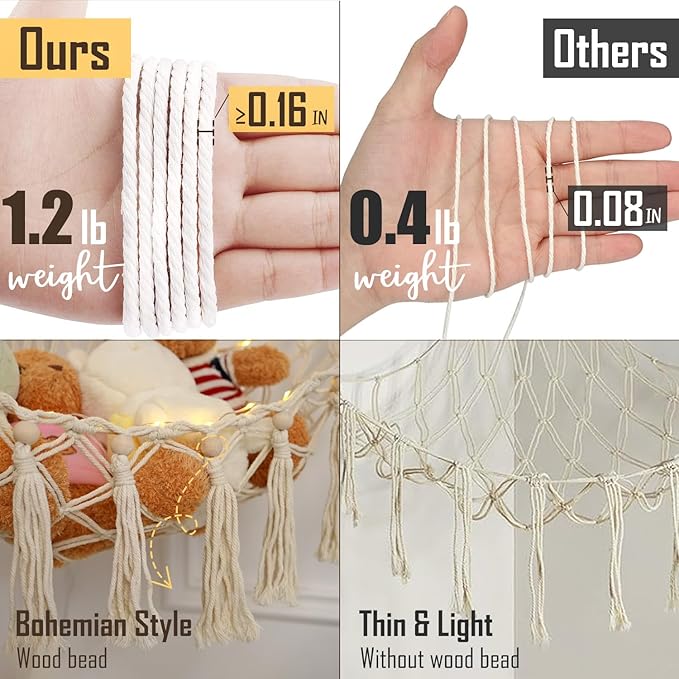 Stuffed Animal Hammock with 75LEDs, Extra Large 55in Toy Storage Macrame Hammock, Hanging Toy Net for Kids Bedroom Doll Room Corner Organizer, USB Plush Toy Hammock with Remote(XL)