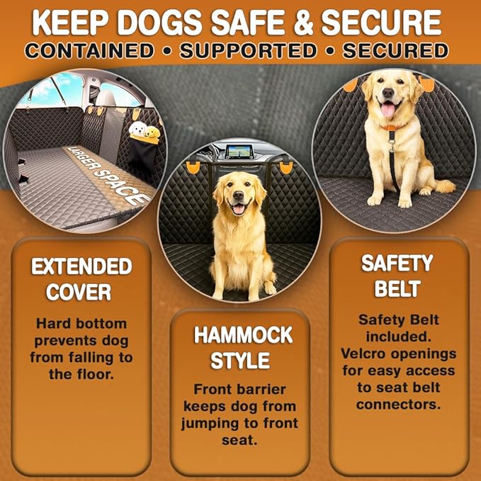Back Seat Extender for Dogs – Hard Bottom Car Seat Cover for Dogs, Waterproof Rear Seat Protector with Mesh Window & Side Flaps, Fits Cars, SUVs, Trucks, Extra Space & Comfort