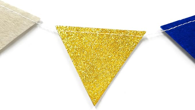 Blue Gold Beige Party Decoration Royal Gold Glitter Felt Hanging Triangle Mini Bunting Pennant Banner Flag for Birthday Wedding Graduation Baby Shower Nautical Ahoy Achor Party Nursery Classroom Decor