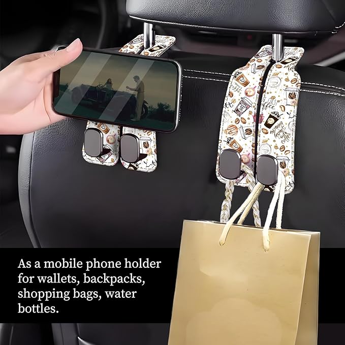 Car Seat Headrest Hook, Universal Leather Cute Hanger Holder Hook, Storage Organizer Interior Accessories for Purse Bags Handbag Funny Coffee Pattern
