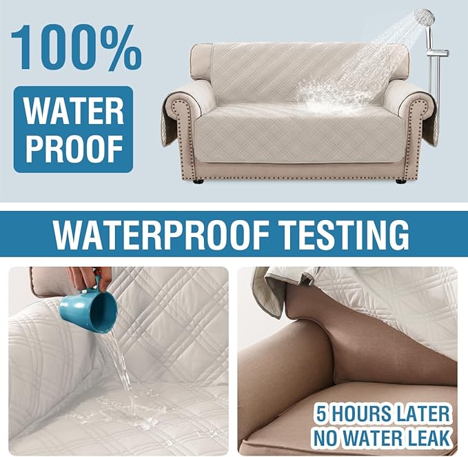 H.VERSAILTEX 100% Waterproof Couch Cover 2 Cushion Sofa Modern Sofa Covers Waterproof and Washable Thick Soft Couch Cover for Dogs with Elastic Straps (Loveseat, French Oak/Beige)