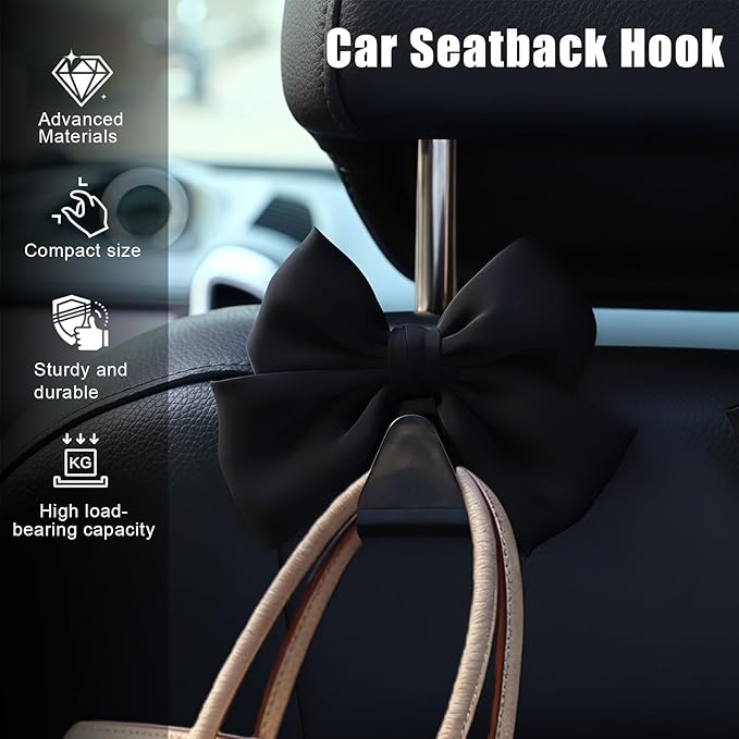 2 PCS Car Seat Headrest Hooks, Cute Bow Purse Hook Hanger for Car Headrest, Universal Purse Holder for Umbrella, Storage Bag, Coat (Black)