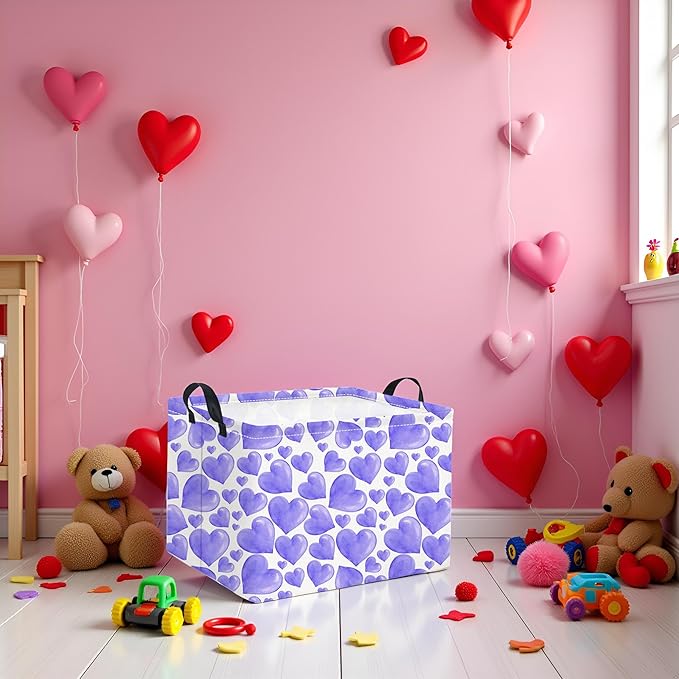 HIYAGON Rectangular Valentines Basket Fabric Storage Bin Storage Boxes Collapsible Storage Basket for Clothes Books Shelves Basket(Purple Heart)