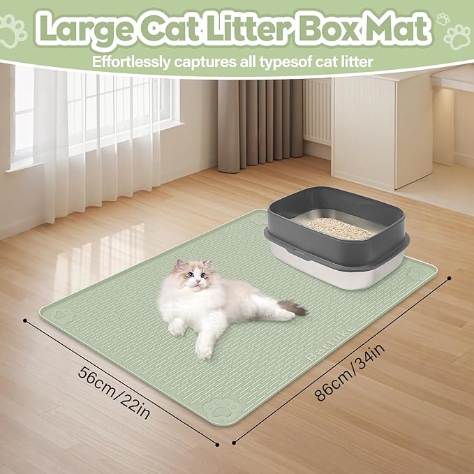 Bartuke Cat Litter Mat, Extra Large 34" x 22" Silicone Mat Litter Trapping Mat for Scatter Control, Soft on Kitty Paws, Easy to Clean (Light Green)