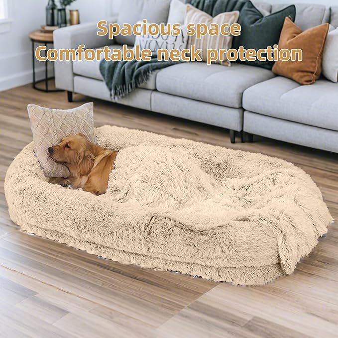 Human Dog Bed - Extra Large Dog Bed for Humans,71''x45''x12'' 、 Giant Cuddle Pillow Pet Lounger, Super Soft Plush Orthopedic Floor Cushion for Adults, Kids, Pets - Washable Cover, Beige.