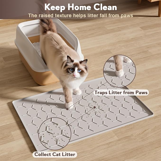 Garoopion Cat Litter Box Mat, Silicone Kitty Litter Mat, 24" X 16" Waterproof Silicone Pad for Floor, Light Gray