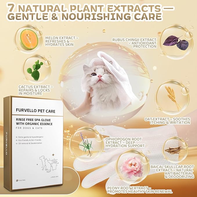 Nourishing & Deodorizing Pet Glove Wipes for Dogs & Cats, 4-in-1 Grooming Wipes (Clean, Comb, Massage, Nourish), 7 Plant Extracts, Extra Thick, Hypoallergenic, Lick-Safe, Fruity Note, 6PCS
