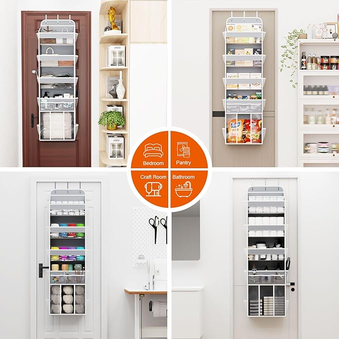 OneDream Over the Door Organizer for Nursery, 5-Tier Storage with Removable Caddy, Clear Pockets & Mesh Compartments, Ideal for Baby Essentials, Toiletries, Craft Supplies, Grey