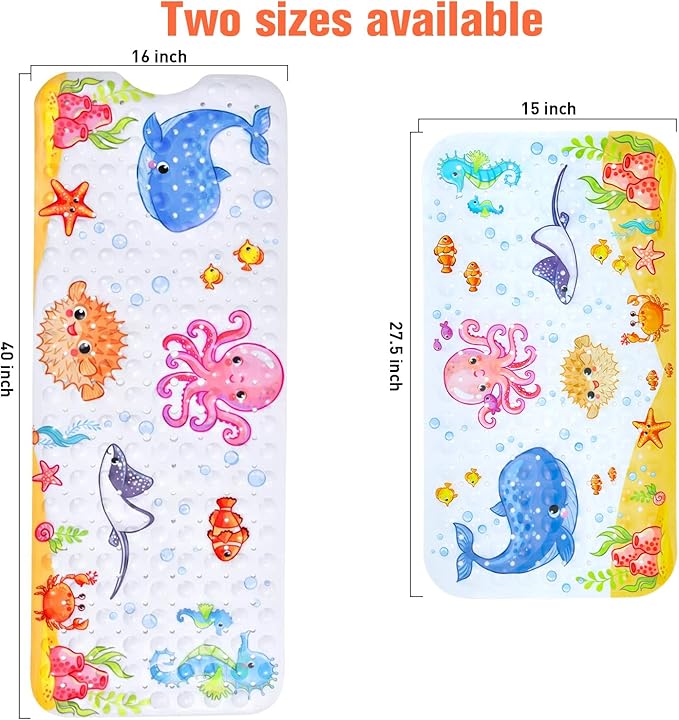 Bath Mat for Tub Non Slip, Machine Washable Anti-Slip Cartoon Baby Bathtub Shower Mat with Drain Holes and Suction Cups for Toddler & Kids, 40 Inch x 16 Inch-Rectangular, Pink Octopus