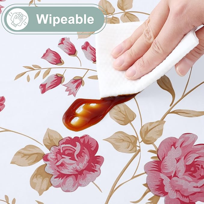misaya Rectangle Waterproof Vinyl Table Cloth, Plastic Tablecloth with Flannel Backing, Wipeable Table Cover for Dinner, Picnic, Indoor and Outdoor (Pink Flowers, 60" x 102")