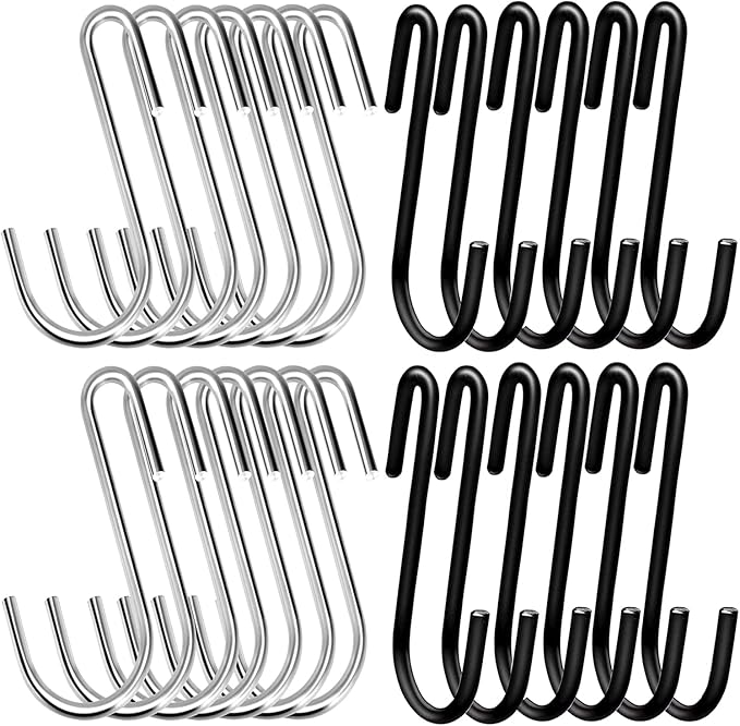 50 Pack Heavy Duty S Hooks S Shaped Hooks Hanging Hangers Pan Pot Holder Rack Hooks for Kitchenware Spoons Pans Pots Utensils Clothes Bags Towels Plants(Black & Silver)