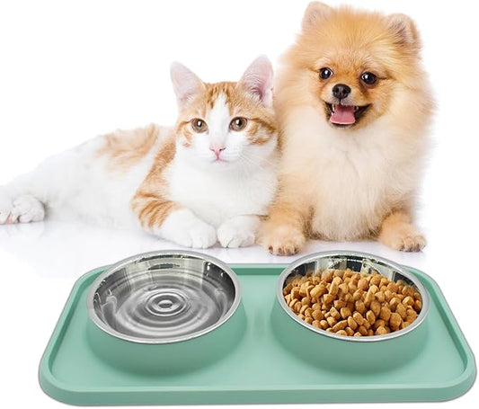 MUYG Double Dog Food Bowls Stainless Steel with No Spill Non Skid Silicone Mat Removable Dog Water and Food Bowls Set Durable Feeding for Small Dogs Puppy Cat Kitten(Blue)