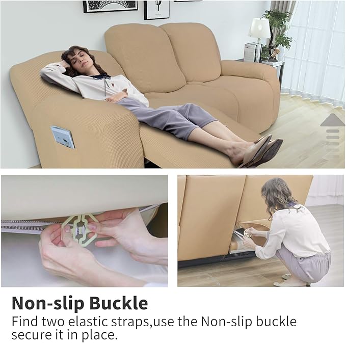 Easy-Going 8 Pieces Recliner Sofa Stretch Sofa Slipcover Sofa Cover Furniture Protector Couch Soft with Elastic Bottom Kids, Spandex Jacquard Fabric Small Checks Sand