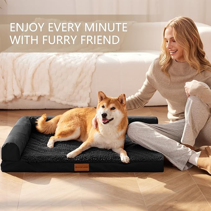 Patas Lague Orthopedic XL Dog Bed Large Sized Dog 48''X30'', Waterproof L Bolster Big Large Pet Sofa Beds with Removable Washable Cover, Soft Pet Couch Crate Mat with Nonskid Bottom, Black