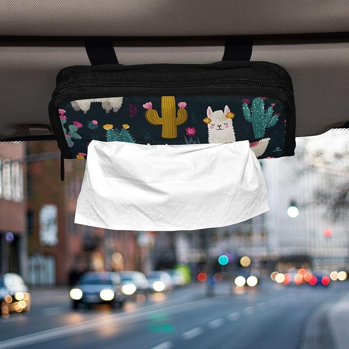 Car Tissue Holder Car Napkin Holder Car Tissue Box Dispenser Storage Case Sun Visor Mask Holder with Adjustable Straps Reusable Refillable White Llama Green Cactus