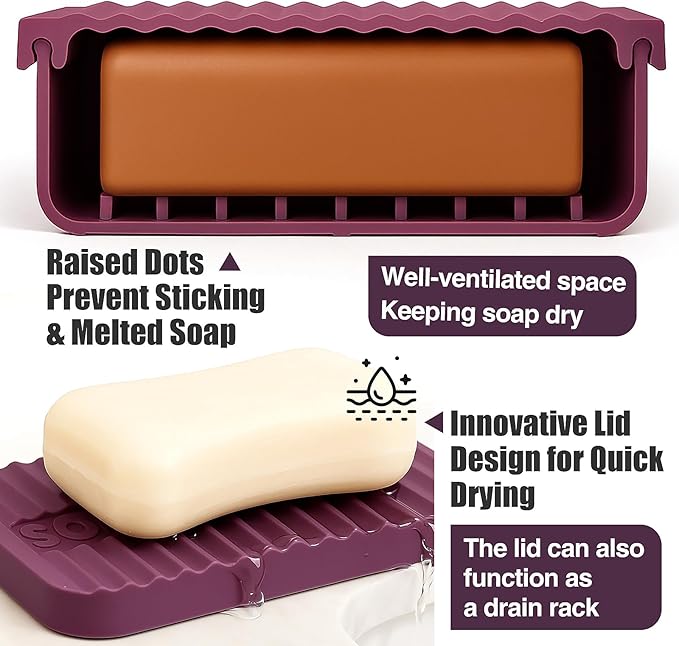 Jumbo Silicone Travel Soap Case for Shampoo & Conditioner Bar Set – Holds Large or Multiple Small Handmade soap Bars, Moisture-Proof and Leakproof Design Keeps soap Dry (Deep Purple)