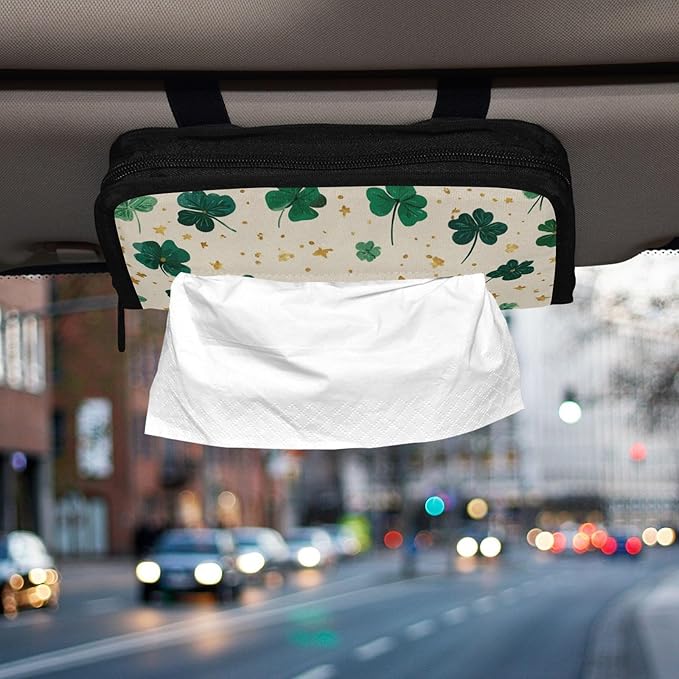 Car Tissue Holder Car Napkin Holder Car Tissue Box Dispenser Storage Case Sun Visor Mask Holder with Adjustable Straps Reusable Refillable Green Clovers and Stars