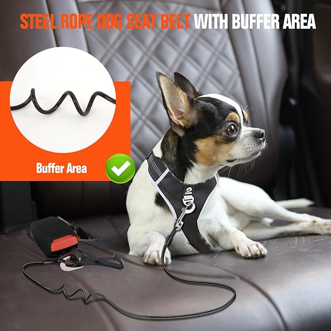 Seat Belt for Car, Chew Proof Leash 2 in 1 Steel Cable With Elastic Bungee Buffer Dog Seatbelt Harness Latch Bar Attachment Heavy Duty for Medium Large Dogs Chewer