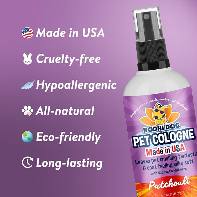 Bodhi Dog Premium Dog Cologne - Deodorizing Dog Perfume & Conditioner for Dogs & Cats - Natural Long Lasting Spray - Keeps Pets Fresh All Day - Gentle & Safe Formula, Made in USA (Patchouli 4 Fl Oz)
