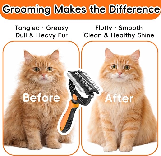 3-in-1 Professional Pet Grooming Brush for Dogs & Cats – Dematting Comb, Undercoat Rake & Deshedding Tool for Long & Short Hair, Heavy Shedding & Matted Fur (Organge)