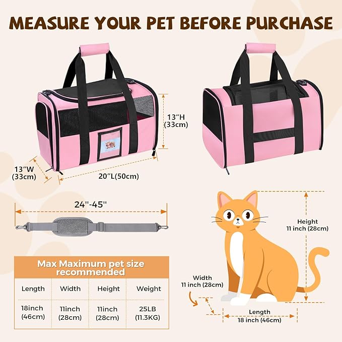 FOORLON Cat Carrier Soft for Pets Up to 25 Lbs, Cat Travel Bag with Padded Shoulder Strap and Detachable Cat Food Bowl, Pet Dog Carriers for Small Dogs Travel Puppy Carry Airline Approved, Pink