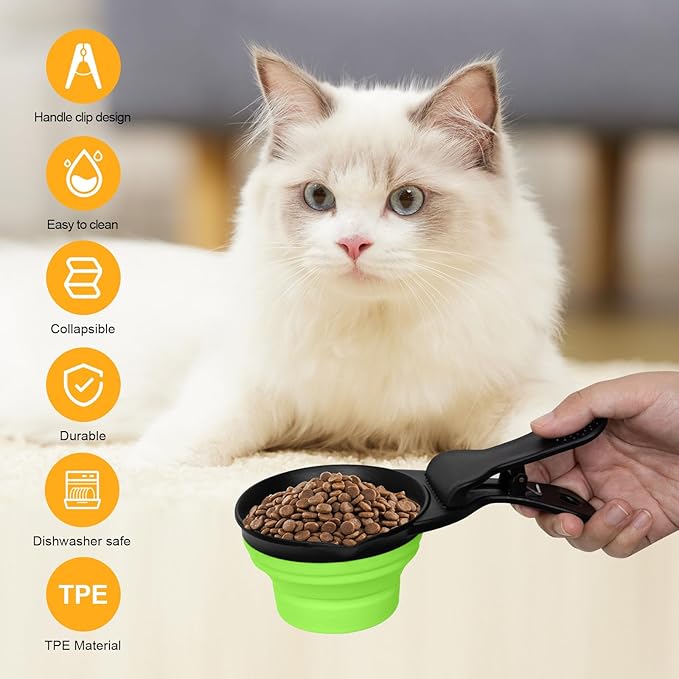 PNEUICALLY Collapsible Dog Food Scoop Foldable Pet Food Bag Clip 3 in 1 Multi-function Silicone Cat Food Measuring Cup Scoop Dog Food Scooper Pet Food Storage Clip (Green, 1 Cup Capacity(1 Pack))