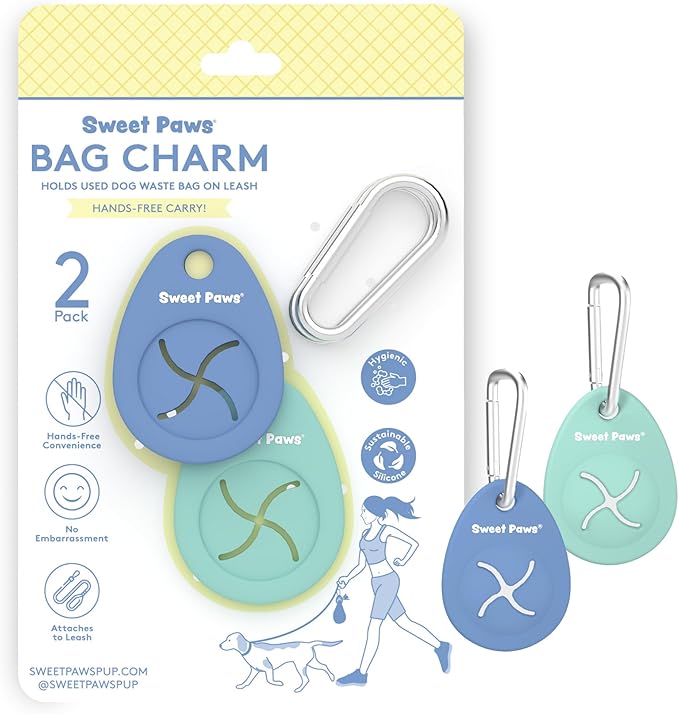 Dog Poop Bag Holder Charm Duo – Hands-Free Carry of Used Poop Bag, Durable Eco-Friendly Silicone Dog Walking Accessory with Carabiner Clip, Azure & Sea Glass – 2 charms included