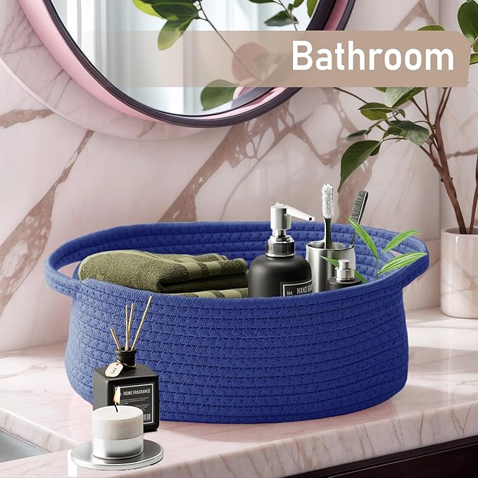 JMvicyroam Woven Basket,Small Rope Storage Bin with Handles & Ribbon Bag, Organizer for Shelves Closets,Gift Basket Empty for Birthday,Books,Dog Toys, Navy Blue