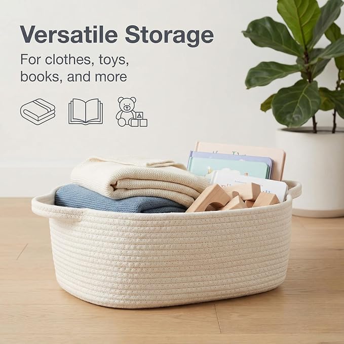 BOMINICA Cotton Rope Storage Basket with Handles, Natural Woven Basket, Decorative Rectangle Organizer Bin for Home, Nursery, Montessori, Pet Toy Storage and Bathroom Organization, White