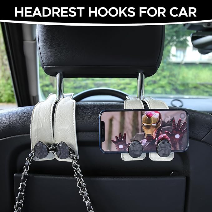 2PCS Leather Car Seat Hooks for Headrest, Vehicle Hanger Storage Organizer Universal for Handbag Purse, Car Accessories Gift (White-Black)