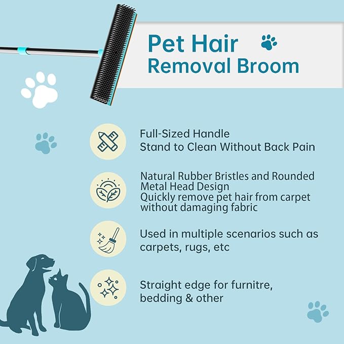 SOCCSO Carpet Rake - 60" Long Handle Pet Hair Removal with Metal Fabric Edge Design,Carpet Rake for Pet Hair Removal, Dog Cat Fur Remover Rubber Broom,Rug,Car Mat,Couch,Pet Bed,Furniture(4 Pack)