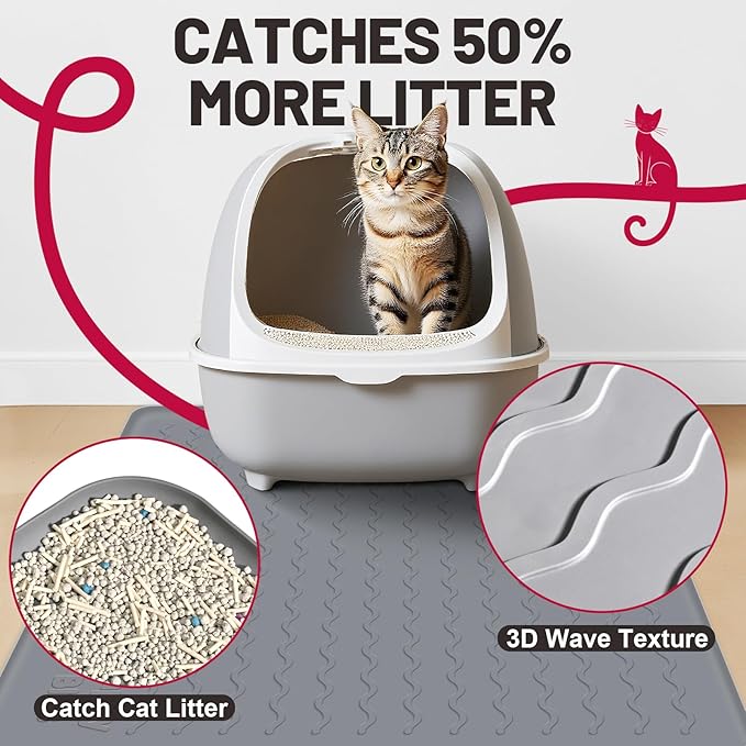 Large Silicone Cat Mat for Litter Box, 34"x22" Waterproof & Urine-Proof Pad with Litter-Trapping Waves, Non-Slip, Easy Clean & Paw-Safe (Black)