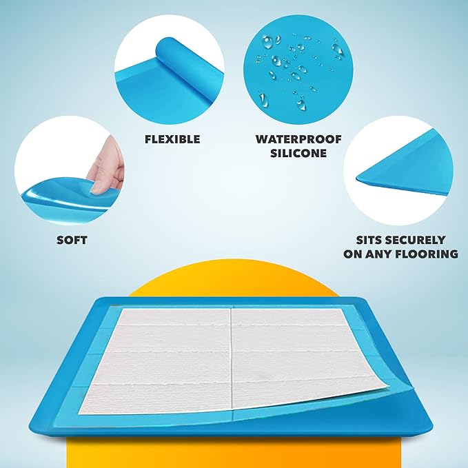 TidyFriend Dog Pee Pad Holder Tray - Fits Up to 24” x 24” Pee Pad Holder for Dogs - Stable Grip, Raised Edges, Quick-Wipe Silicone Surface Dog Pad Holder for Indoor Flooring Protection (Dark Blue)
