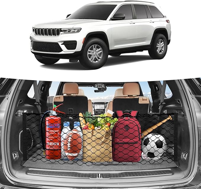Trunk Cargo Net for 2021-2026 Jeep Grand Cherokee L (7 Seats) Accessories Envelope Style Mesh Trunk Net Organizer and Storage Stretchable Adjustable Elastic Nylon Rear Cargo Netting with Hooks