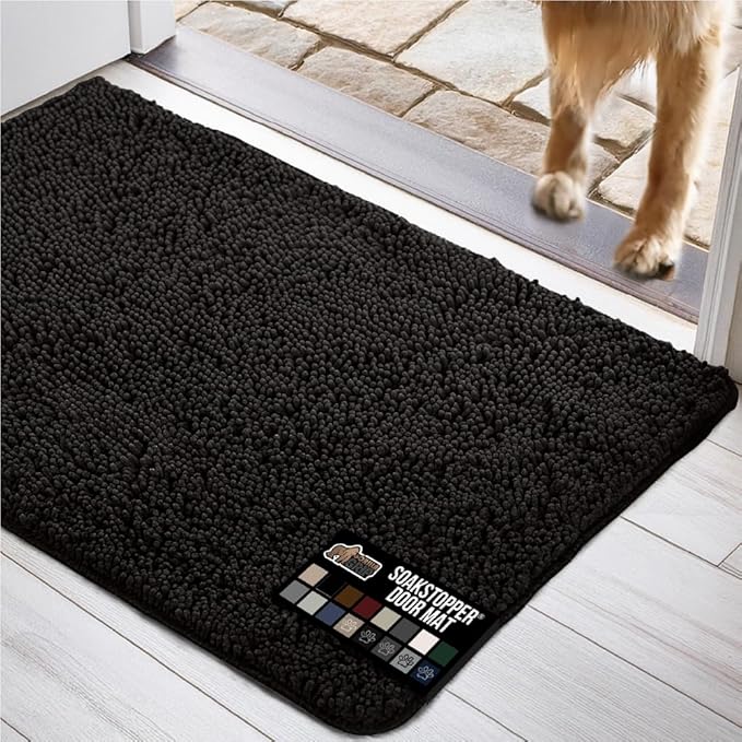 GORILLA GRIP SOAKSTOPPER Dog Door Mat, 36x24 Machine Washable Rug Absorbent Doormat Captures Moisture Mud Dirt, Quick Dry Soft Chenille Entryway Rugs Indoor Entrance Mats for Dog Paws, Black