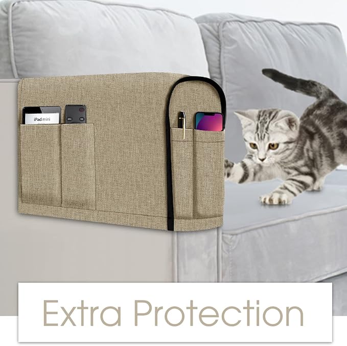 Joywell Armchair Slipcovers for Living Room Anti-Slip Sofa Arm Protector for Dogs, Cats, Pets Linen Arm Chair Slipcover for Recliner with 4 Pockets for TV Remote Control, Phone, Set of 2, Khaki