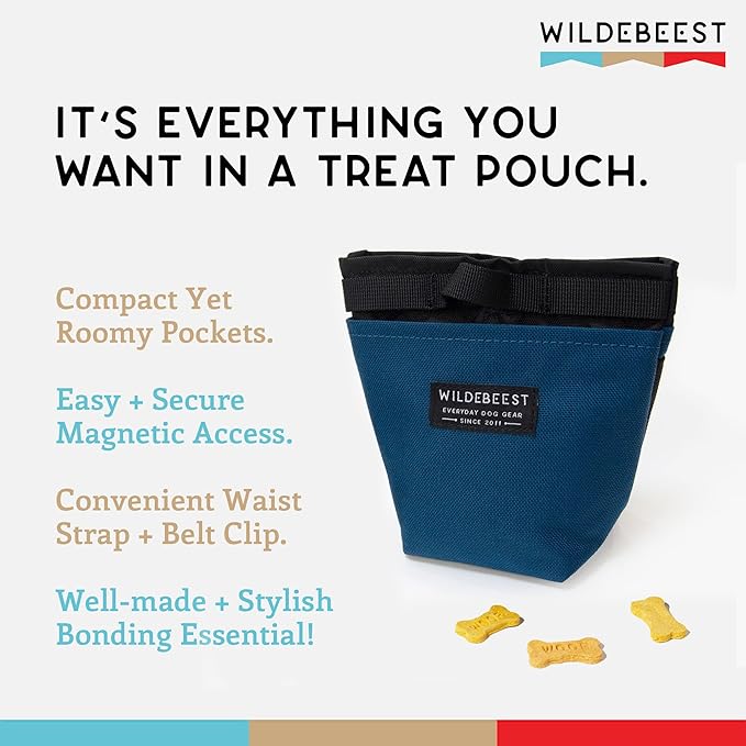 Wildebeest Dog Treat Pouch, Dog Treat Bag, Dog Training Treat Pouch, Dog Travel Bag, Pet Treat Pouch, Magnetic Closure, 2 Water-Resistant Compartments, Detachable Waist Strap & Belt Clip