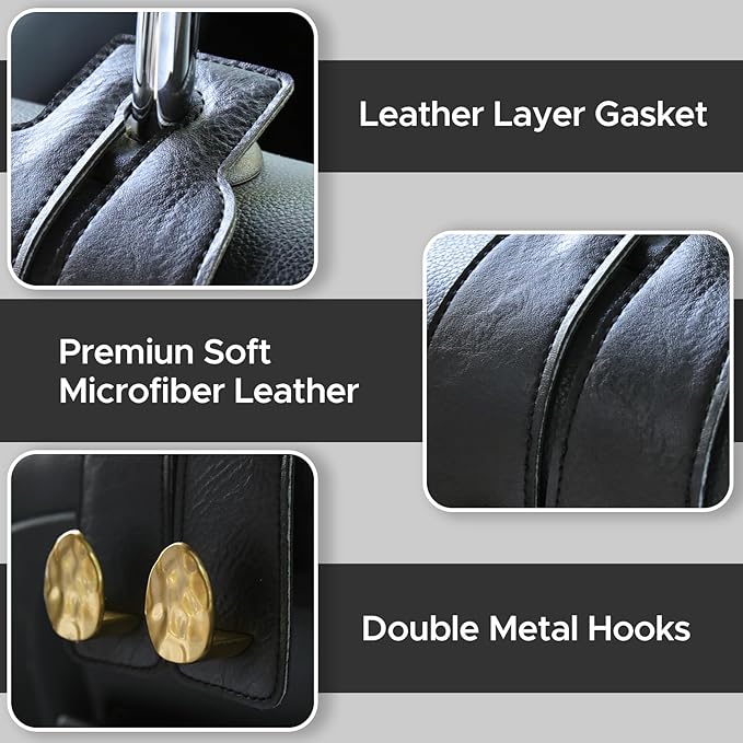 4 PCS Leather Car Seat Hooks for Headrest, Vehicle Hanger Storage Organizer Universal for Handbag Purse, Car Accessories Gift (Black-Gold-4 PCS)