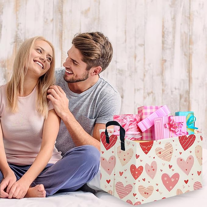 FXOCSHE Rectangular Pink Valentine's Day Gift Basket,nursery basket,Pink girls gift baskets,kids toy storage Bin, Love Heart Room Decor for Home,Shelf Baskets(Shaped lines Heart)