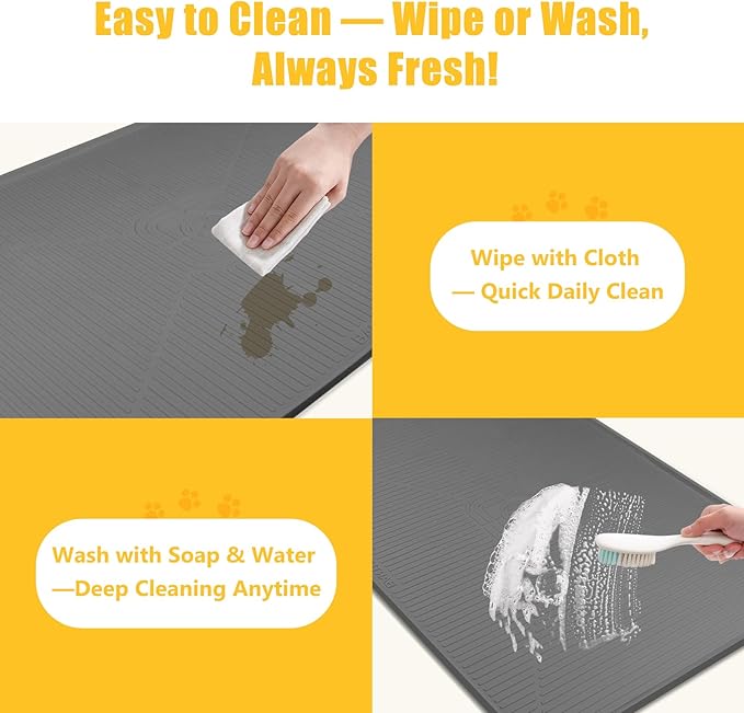 Lorvain 45" x 30" Cat Food Mat, Extra Large Silicone Pet Feeding Mat with Raised Edges, Pet Placemat for Cat Dog Food and Water Bowl Waterproof, Non-Slip, Easy to Clean, Floor Protection, Dark Grey