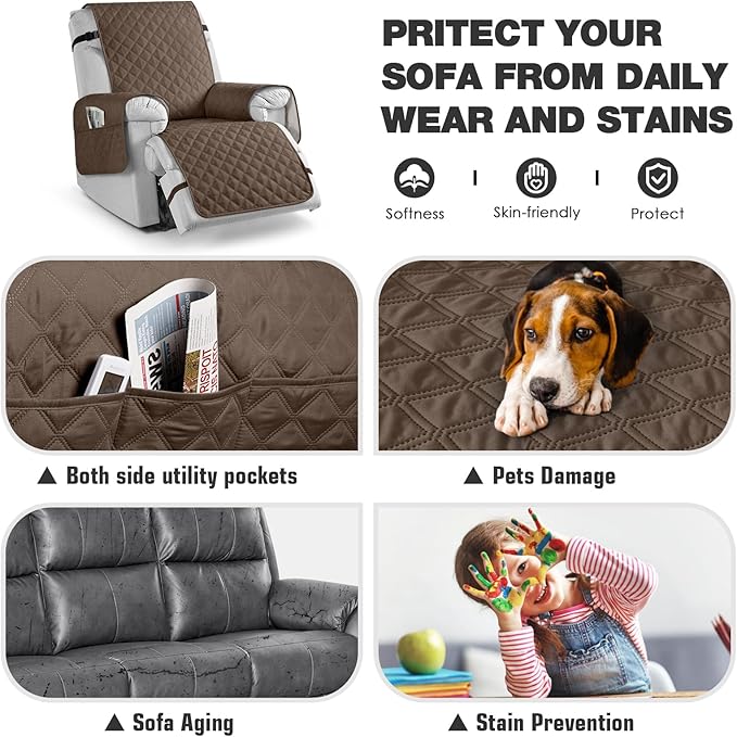 TAOCOCO 100% Waterproof Recliner Chair Cover Non-Slip Reclining Cover for Recliner Chair Washable Chair Seat Cover with Elastic Straps for Pets Sofa Slipcover with Pocket (Small 23'', Brown)