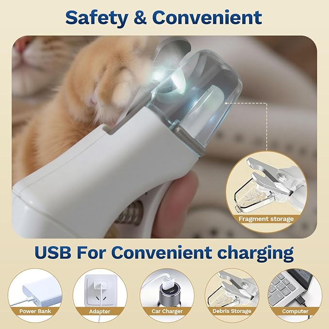 2-in-1 Dog Nail Clippers & Cat Nail Clippers Trimmers for Large Medium Small Dogs Cats Claw Trimmer Quick Sensor and Safety Guard USB Rechargeable with 2 LED Lights Dogs Nail Trimmer (White)