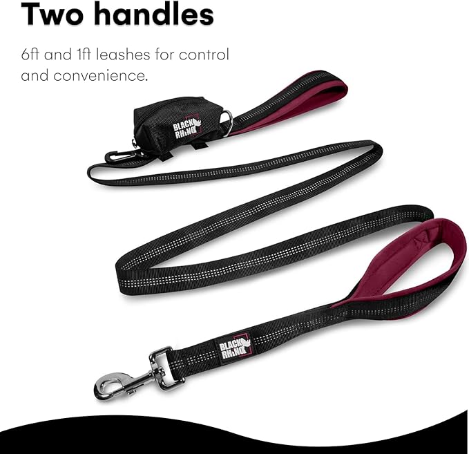 Black Rhino Heavy Duty Dog Leash for Medium and Large Dogs - 6 ft Long Double Handle Leash with Padded Traffic Control Handles and Bag - Reflective, Durable, and Weather Resistant (Burgundy)